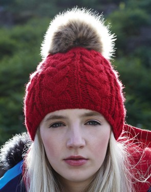 Fur Pop Pom Cable Beanie